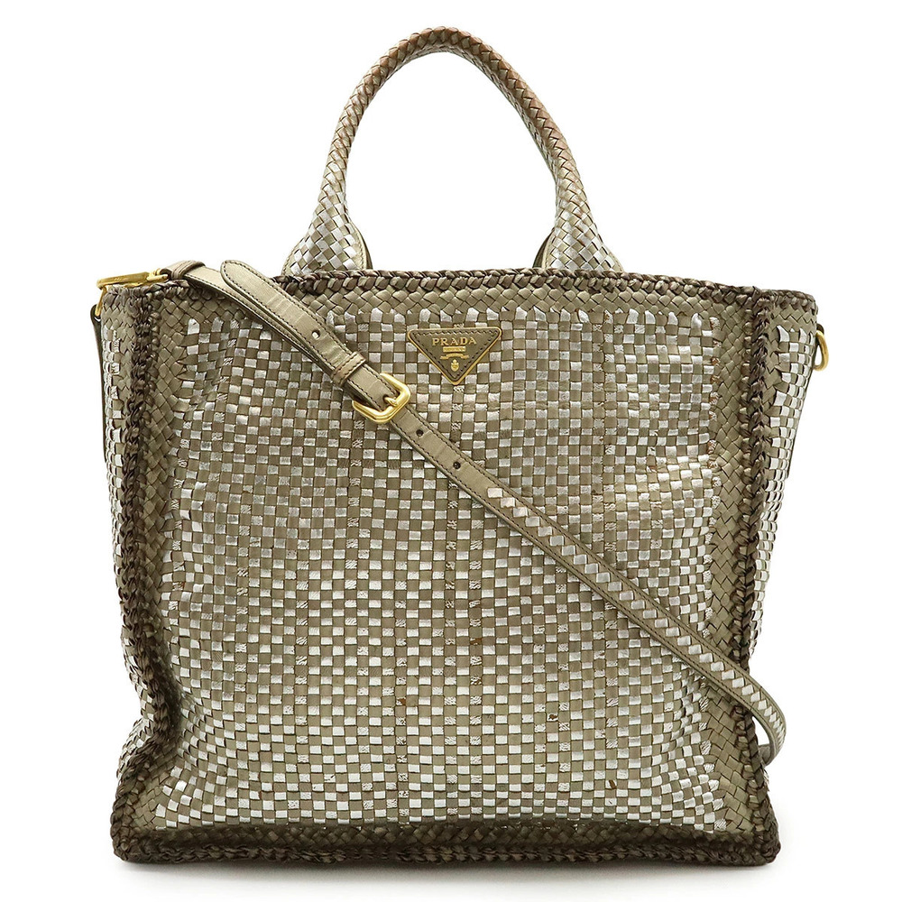 Prada Madras Tote Bag Shoulder Woven Leather Silver